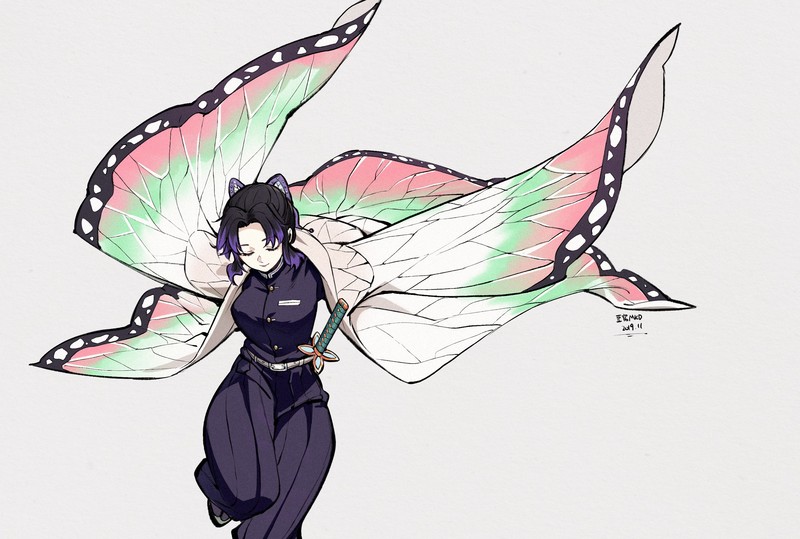 Kimetsu no Yaiba, Kochou Shinobu, black hair, kimono, Japanese clothes, katana, sword, weapon, gray, uniform, multi-colored hair