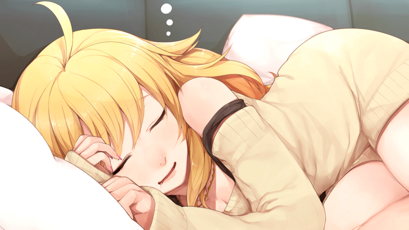 THE, Hoshii Miki, ahoge, bare shoulders, blonde, perky breasts, cleavage, closed eyes, couch, Drooling, long hair, lying down, pillow, saliva, sleeping, solo