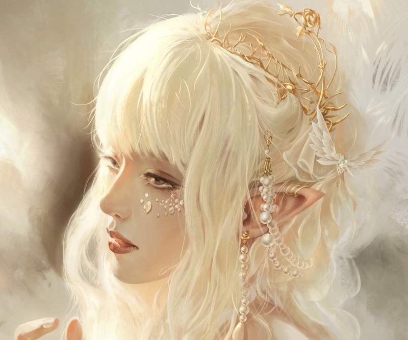 artwork, fantasy art, blonde, pointy ears, face, fantasy girl