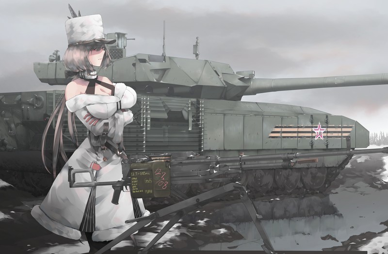 Girls Frontline, gray hair, cleavage, military, gun, hat, long hair, ponytail, red eyes, uniform, weapon