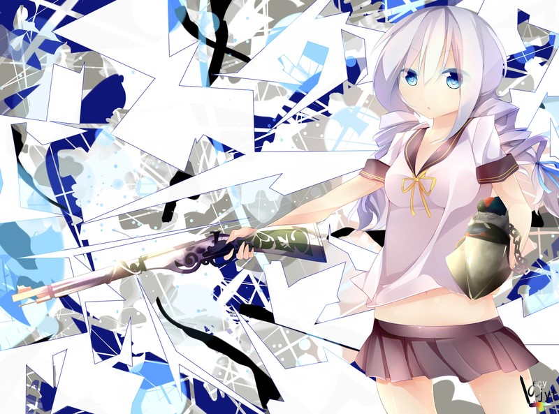 gun, school uniform, anime, blue eyes, anime girls, miniskirt, rifles