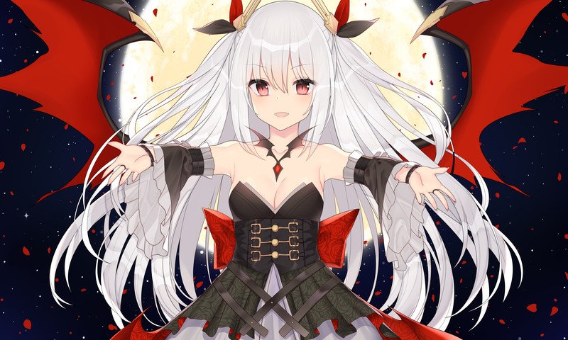 Azur Lane, Vampire (Azur Lane), white hair, bat wings, Moon, anime, looking at viewer