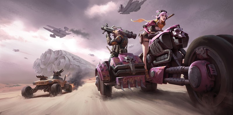 Wenfei Ye, drawing, wasteland, space shuttle, bikes, motorcycle, pink hair, bazookas, fighting, pink, weapon, skull, science fiction