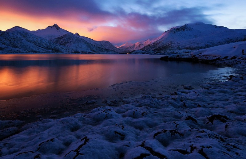 Lofoten, landscape, sunset, clouds, sky, mountains, snowy mountain, snowy peak, sunlight, Norway