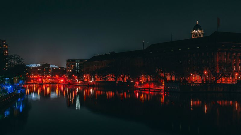 night city, city lights, river, shore, berlin, germany, 4k