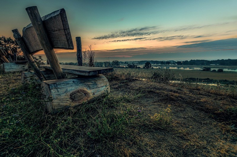 evening, bench, sky, outdoors