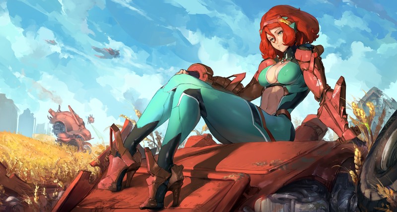 mecha girls, redhead, short hair, Erect!, cleavage, bodysuit, clouds, green eyes, navels, headband, cutesexyrobutts