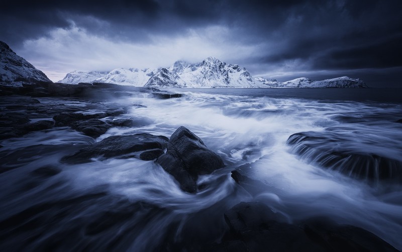 Lofoten, landscape, waves, sea, mountains, snow, snowy peak, rocks, foam, night, sky