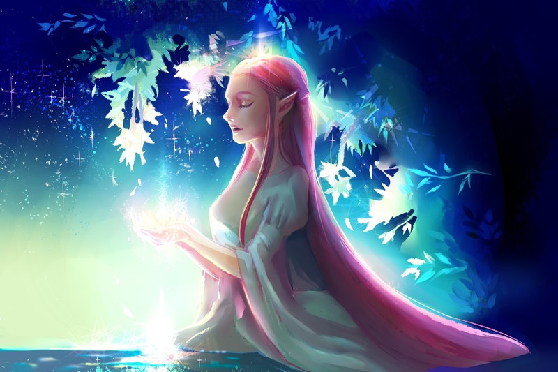fantasy girl, long hair, closed eyes, artwork, fantasy art