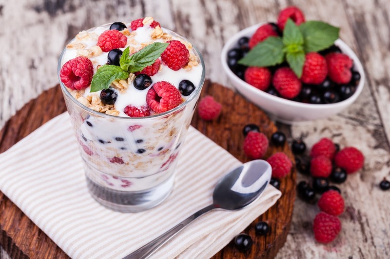 food, fruit, berries, raspberries, bluebells, mint leaves, spoon, cutting board