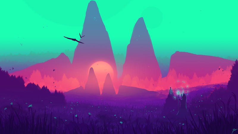 JoeyJazz, fantasy art, landscape, magician, cyan, purple
