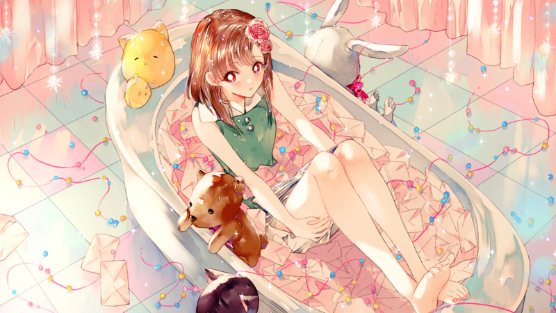 anime girls, anime, in bathtub, teddy bears, bathtub, red eyes, flower in hair, barefoot
