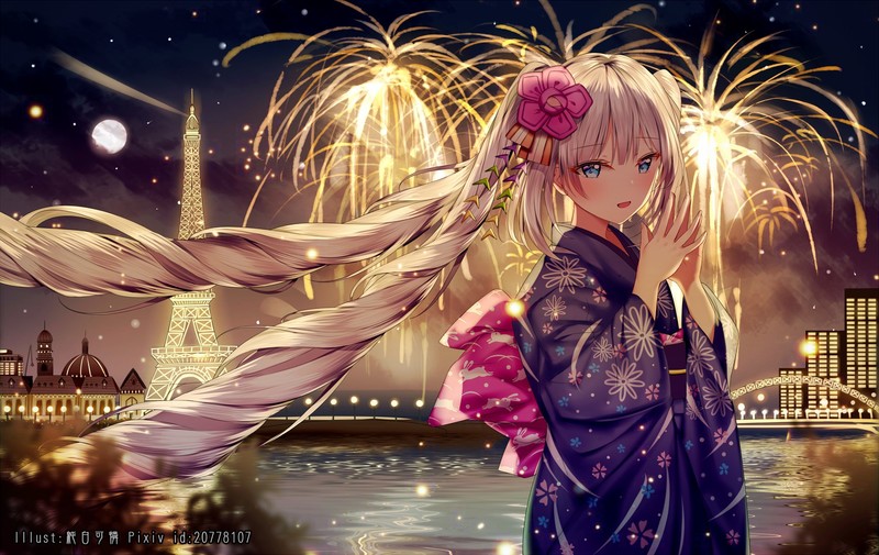 junpaku karen, Fate/Grand Order, anime girls, anime, blonde, fireworks, long hair, blue eyes