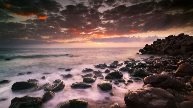 sea, stones, horizon, sunset, 4k