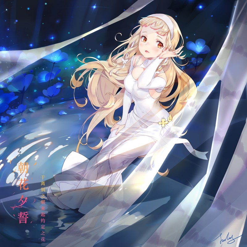 white dress, blonde, anime girls, anime, fantasy girl, long hair