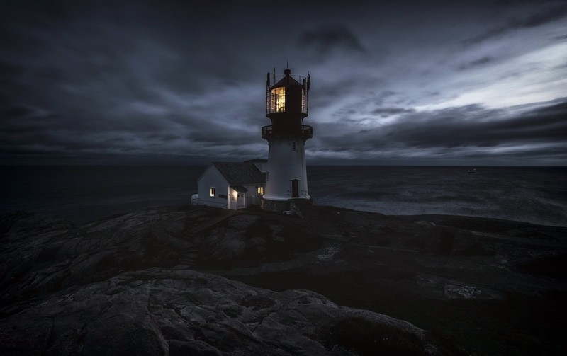 dark, lighthouse, sky, outdoors, night, sea