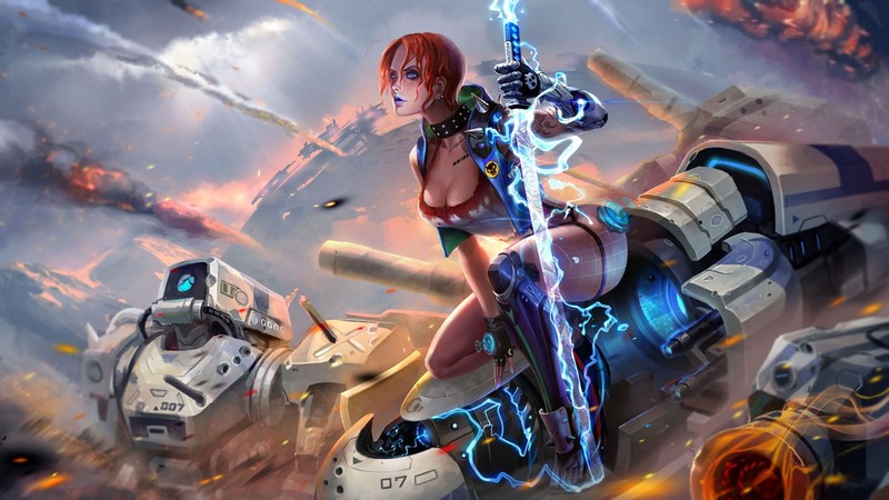 artwork, women, science fiction, robot, sword, redhead