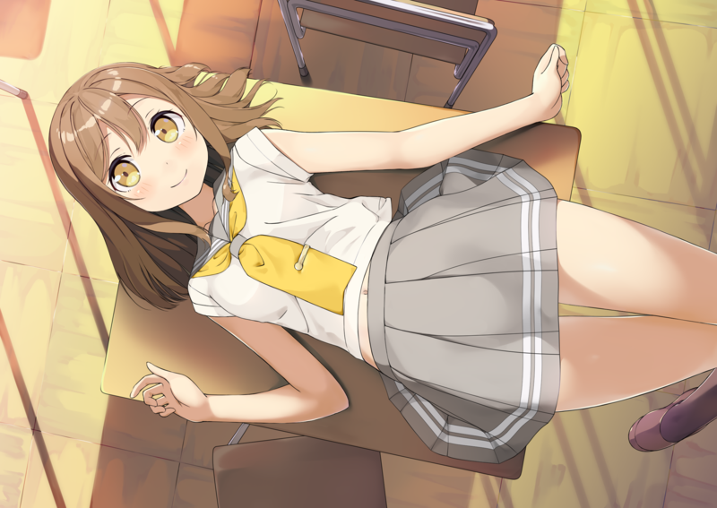 Love Live!, brunette, skirt, school uniform, yellow eyes, blush, short hair, navels