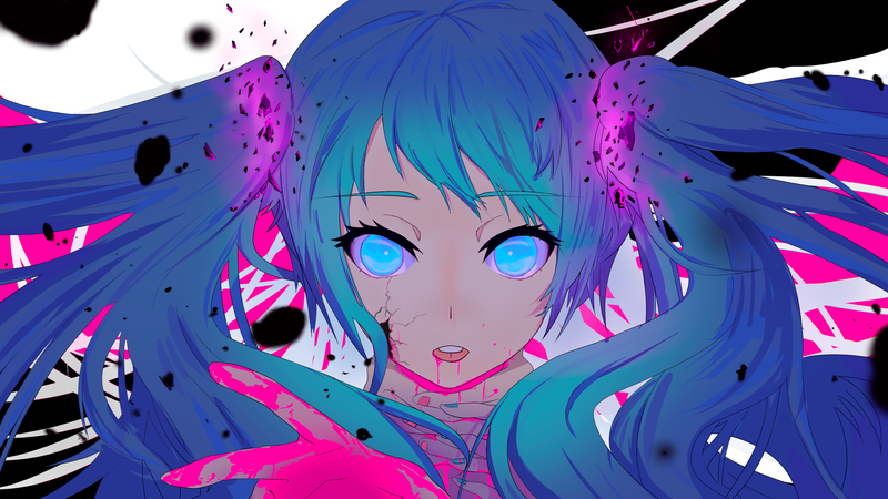 Vocaloid, Hatsune Miku, blood, blue eyes, blue hair, cracked, glowing, glowing eyes, long hair, nail polish, open mouth, solo, twintails