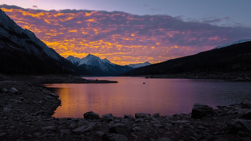 mountains, lake, sunset, landscape