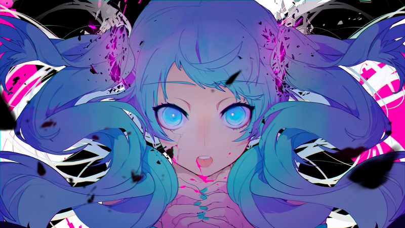 Vocaloid, Hatsune Miku, blood, blue eyes, blue hair, cracked, glowing eyes, glowing, nail polish, solo, twintails, open mouth, long hair