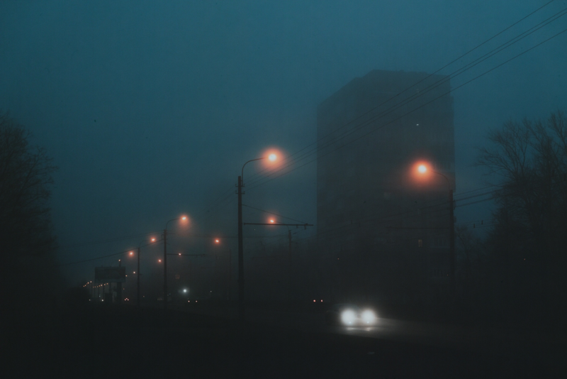 city, faded, car, trees, mist, street light, dark, creepy, block of flats