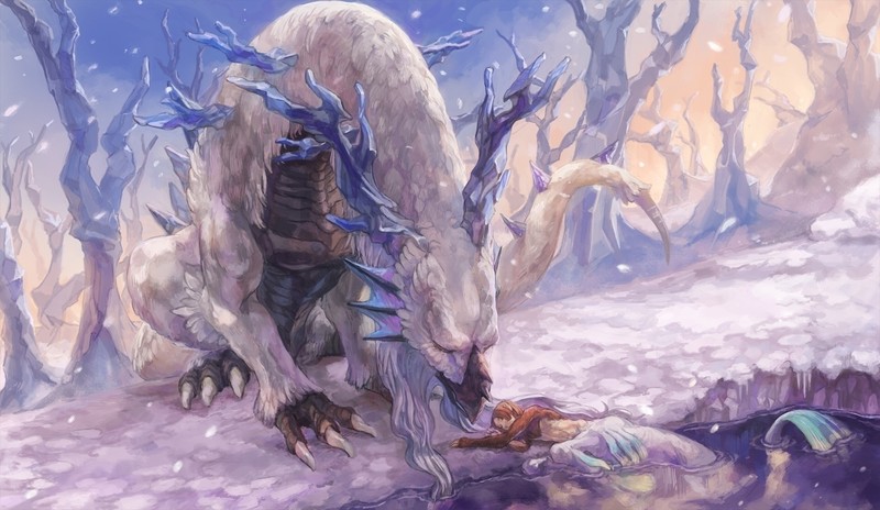 creature, nature, winter, snow, digital, horns, trees, tail