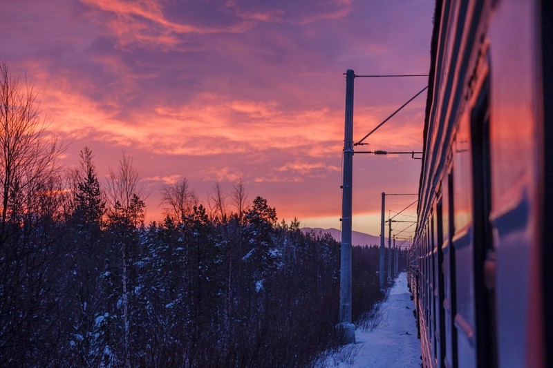 train, sunset, winter, snow, nature, trees, clouds, morning