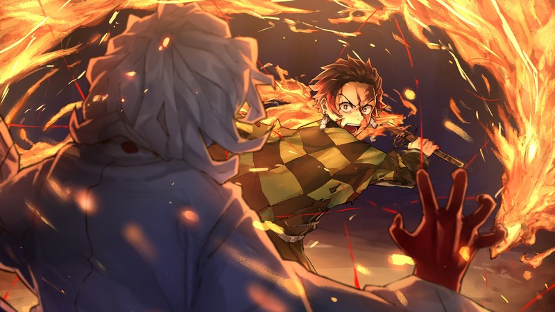 Kimetsu no Yaiba, anime, digital art, artwork, Kamado Tanjirō, battle, anime boys, fire, katana, demon