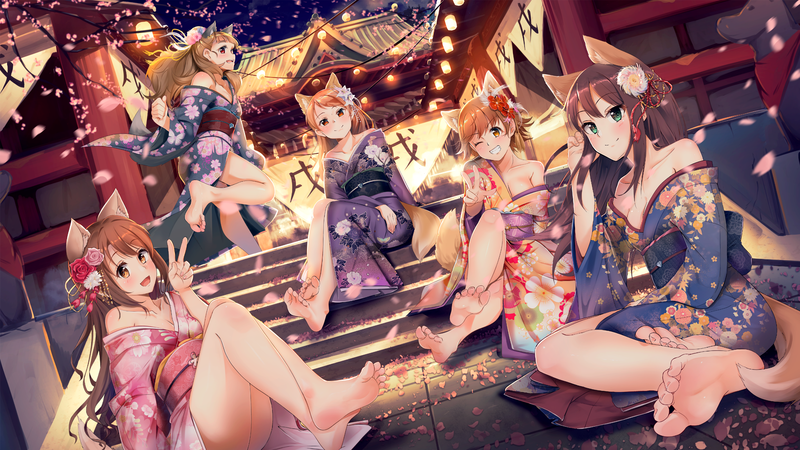 idolmaster cinderella girls starlight stage, THE, Honda Mio, Houjou Karen, Kamiya Nao, Shibuya Rin, Shimamura Uzuki, animal ears, brunette, feet, green eyes, hair ornament, Japanese clothes, kimono, motion blur, petals, red eyes, short hair, sitting, stairs, tail, temple, toes