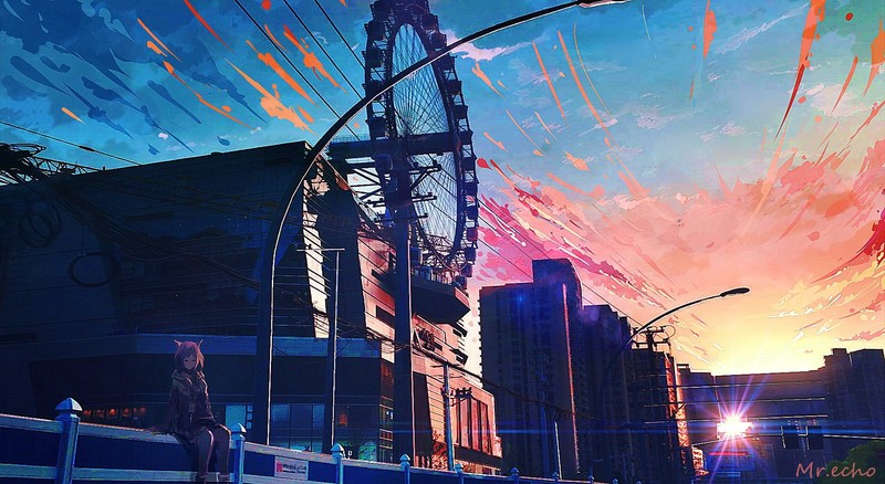 anime, sunset, cityscape, city, sky, anime girls, clouds, sunlight