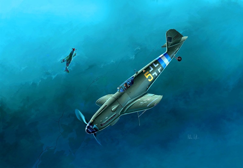 artwork, vehicle, aircraft, military aircraft, military, World War II, Messerschmitt Bf-109, North American P-51 Mustang