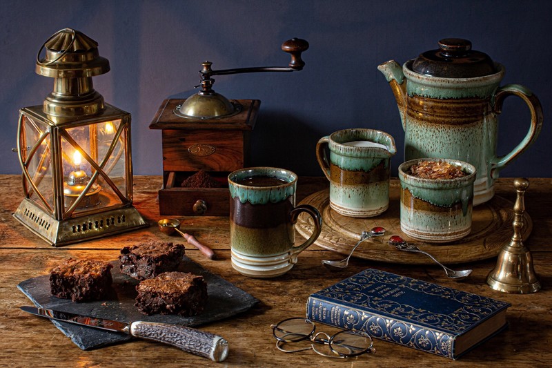 still life, lantern, coffee, books, cake, food, sweets