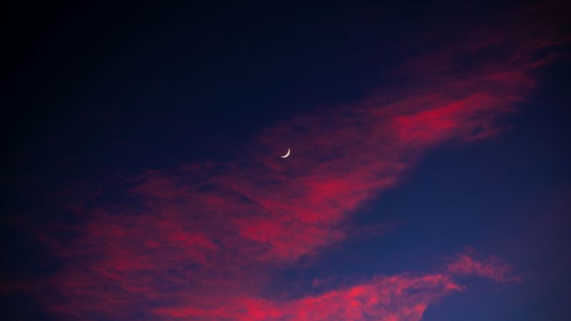 crescent, moon, sky, clouds, night, 4k