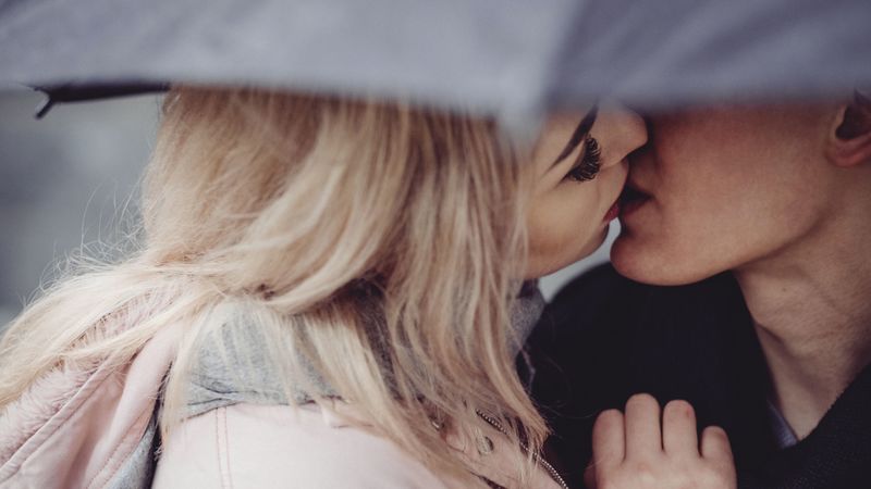 couple, kiss, tenderness, love, romance, umbrella, touch, 4k