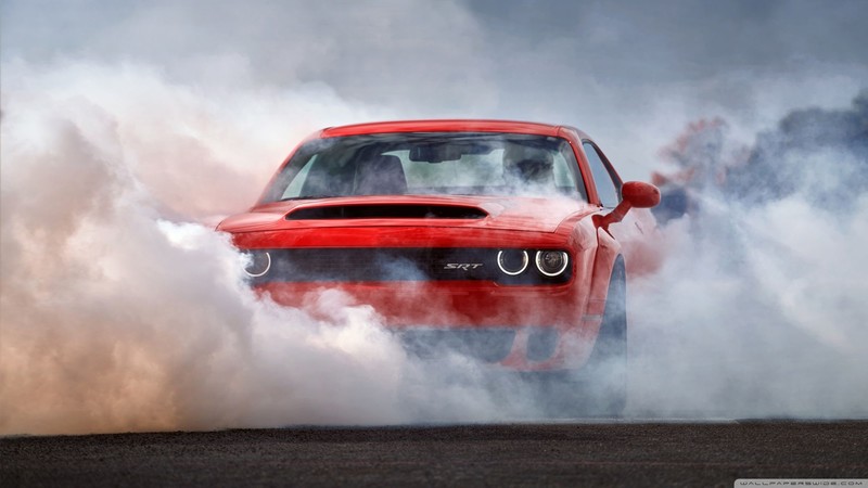 car, dust, smoke, Dodge Challenger SRT, Dodge Challenger Hellcat, Burnout, red cars