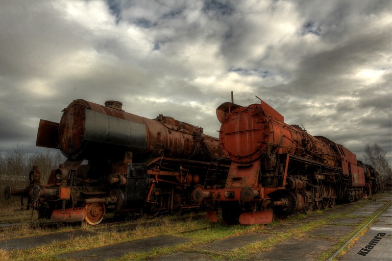 abandoned, Poland, urbex, train, railway, rust, steam locomotive, locomotive, clouds