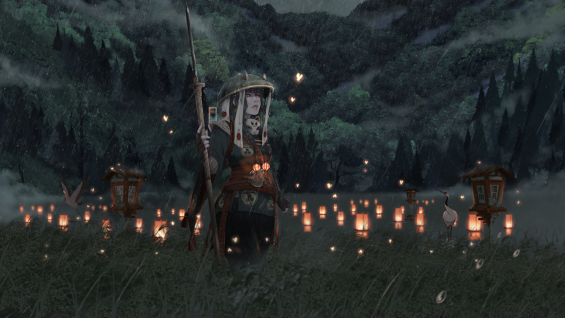 digital art, artwork, video games, video game art, nobushi, For Honor, Ubisoft, lantern, shinobi, night, spear, orange eyes