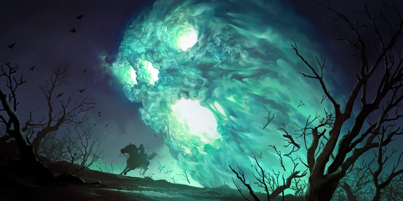 digital art, artwork, video games, video game art, League of Legends, Runeterra, horse, horse riding, wraiths, Legends of Runeterra, cyan, turquoise, creepy, ghost, Skull Face