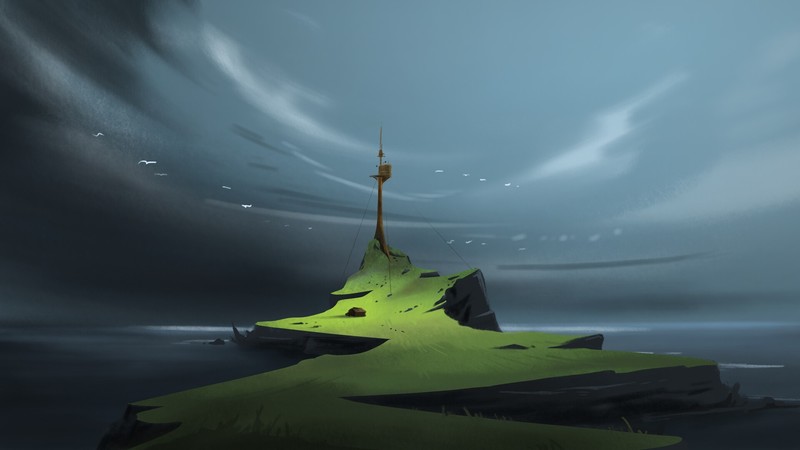 digital art, tower, Ingram Schell, sea, birds, cliff