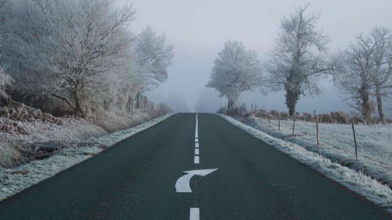 road, fog, asphalt, arrow, frost, marking, 4k