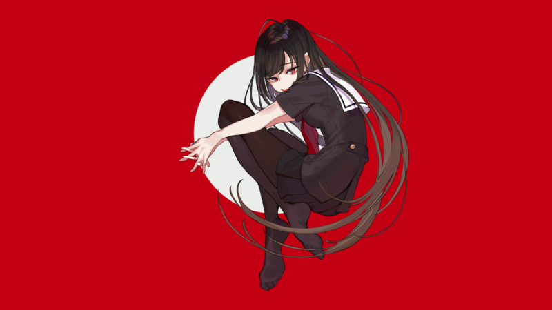 anime girls, anime, original characters, red background, schoolgirl ...