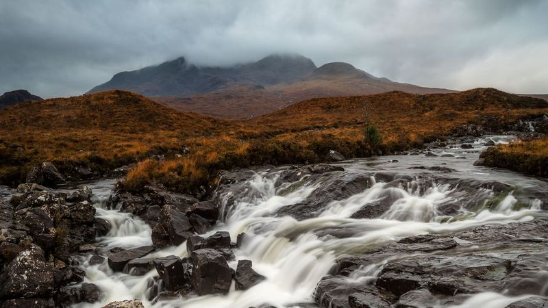 river, stones, waterfall, flow, fog, 4k