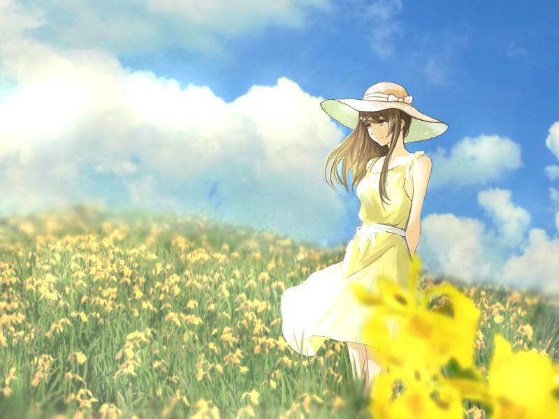 anime, landscape, sky, clouds, dress