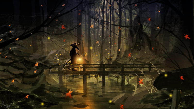 Japan, forest, lantern, samurai, katana, bridge, walking