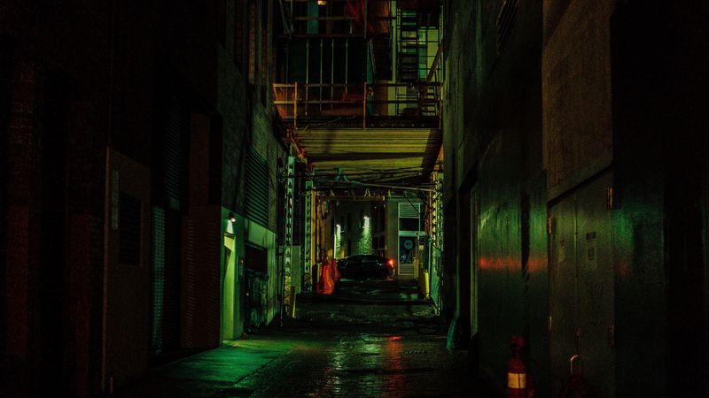 lane, street, night, dark, buildings, 4k