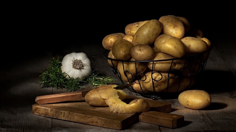 still life, potatoes, vegetables, food, Garlic, cutting board, knife, baskets, rosemary