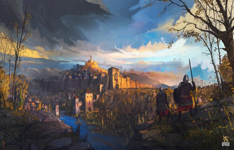 Ismail Inceoglu, artwork, fantasy art, fantasy city, spear, castle, medieval, river
