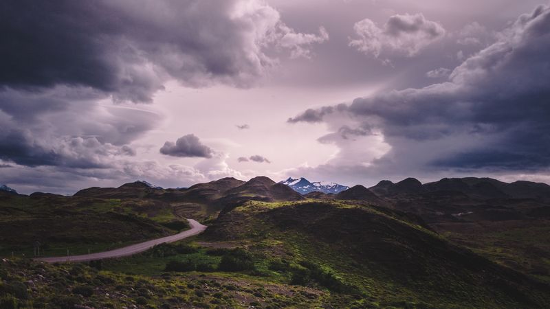 mountains, grass, clouds, overcast, twilight, cloudy, 4k