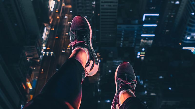 night city, feet, aerial view, overview, roof, night, 4k